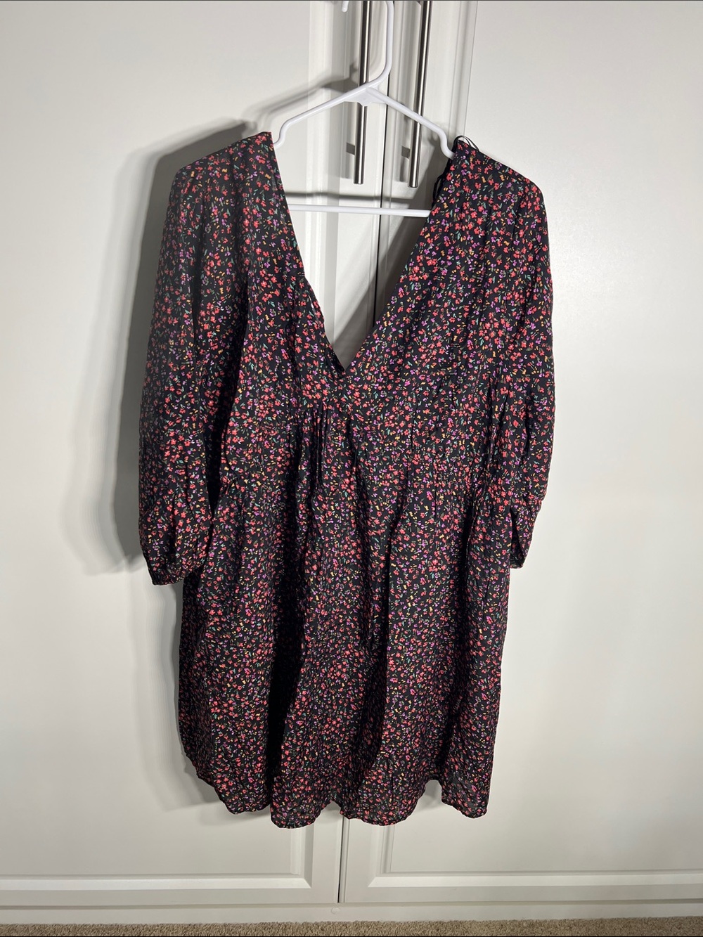 Floral V-Neck Babydoll Dress in Black with Pink Accents